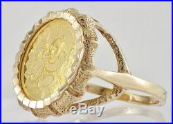 Estate 1991 1/20 OZ. 999 Pure Gold Panda Coin Ring 10K Yellow Gold Setting 6 1/2