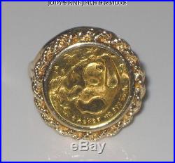 Exquisite 1985 14k Yellow Gold Setting 24 Kt Pure Gold Chinese Panda Coin Ring