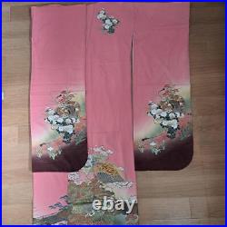 Full set pure silk long-sleeved kimono pink gold fan pattern