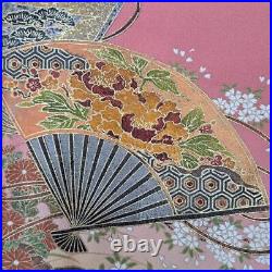 Full set pure silk long-sleeved kimono pink gold fan pattern