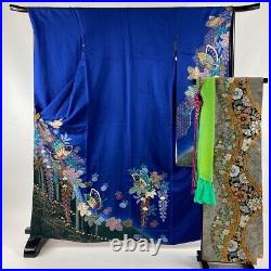 Furisode Good quality Fukuro obi full set Butterfly Gilded Blue length164.5