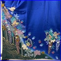 Furisode Good quality Fukuro obi full set Butterfly Gilded Blue length164.5