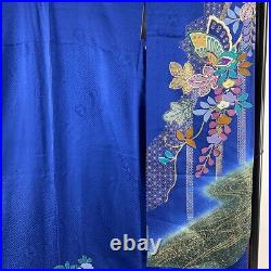 Furisode Good quality Fukuro obi full set Butterfly Gilded Blue length164.5