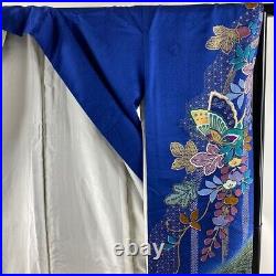 Furisode Good quality Fukuro obi full set Butterfly Gilded Blue length164.5