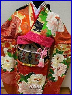 Furisode Kimono 7-piece set of pure silk squeezed orange gold embroidery ladies