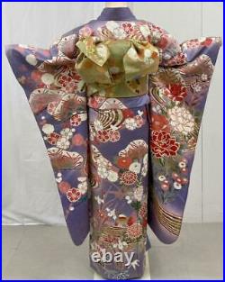 Furisode full set gold embroidery, Karaori sack belt, 100% pure silk, kimono