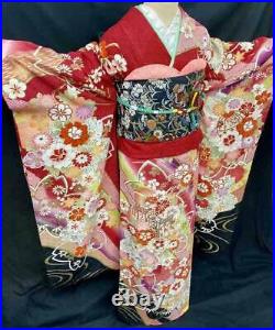 Furisode full set kimono pure silk gold color classic pattern Nearly unused