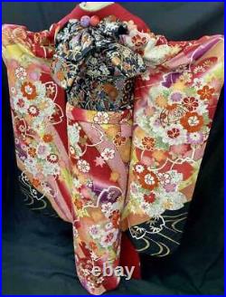 Furisode full set kimono pure silk gold color classic pattern Nearly unused