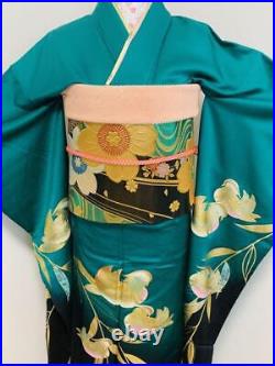 Furisode full set, lacquered leaf pattern, halo dyed, gold and silver, pure silk