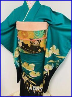 Furisode full set, lacquered leaf pattern, halo dyed, gold and silver, pure silk