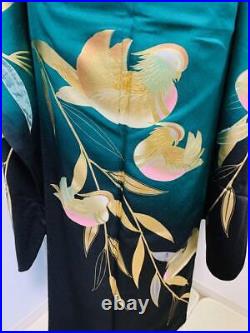 Furisode full set, lacquered leaf pattern, halo dyed, gold and silver, pure silk