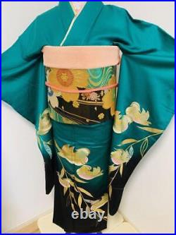 Furisode full set, lacquered leaf pattern, halo dyed, gold and silver, pure silk