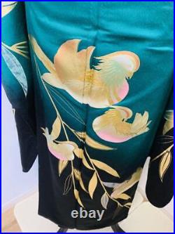 Furisode full set, lacquered leaf pattern, halo dyed, gold and silver, pure silk