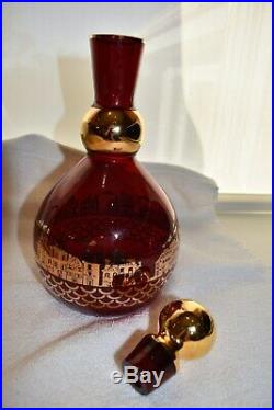 Genuine MURANO VENETIAN Glass Decanter Set, Ruby Red & 24K Gold, Signed, Perfect