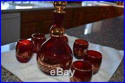 Genuine MURANO VENETIAN Glass Decanter Set, Ruby Red & 24K Gold, Signed, Perfect