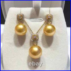 Gorgeous AAAAA+10-11mm South Sea Golden Pearl Pendant Earrings Necklace Set 925s