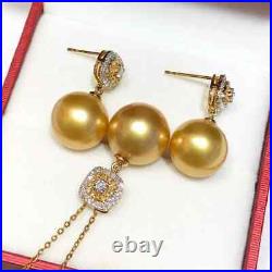 Gorgeous AAAAA+10-11mm South Sea Golden Pearl Pendant Earrings Necklace Set 925s