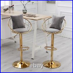 Gray Velvet Bar Chair Stool Pure Gold Plated Unique Design Set of 2