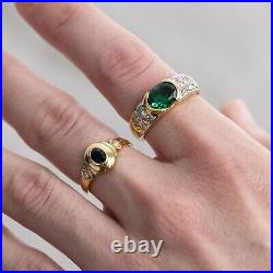 Green Gem Set and Diamond Ring Pure 18CT Gold sz. O Vintage Gypsy Fortune Teller