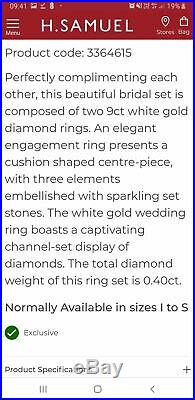 H Samuel 9ct White Gold 0.40 Carat Diamond Ring Perfect Fit Bridal Set Sz K