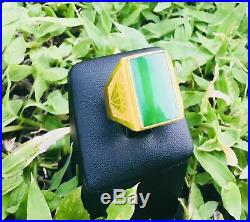 HEAVY RARE Estate SPINACH Green IMPERIAL JADE mans Ring Set In 999.9 PURE GOLD