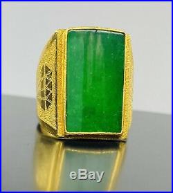HEAVY RARE Estate SPINACH Green IMPERIAL JADE mans Ring Set In 999.9 PURE GOLD