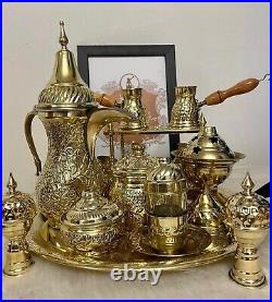 Handmade Brass Turkish Coffee And Tea Set Pure Copper Royal 12 Pieces Antique