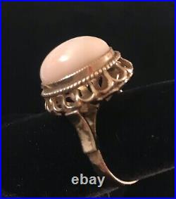 INCREDIBLE 8.1 gram 14K FANCY SETTINGPINK ANGEL SKIN CORAL RING-Sz 7.5+LOVELY