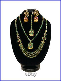 Indian Traditional Emerald & Ruby Jewelry Set Gold Coated In Pure Silver 2 Color