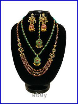 Indian Traditional Emerald & Ruby Jewelry Set Gold Coated In Pure Silver 2 Color