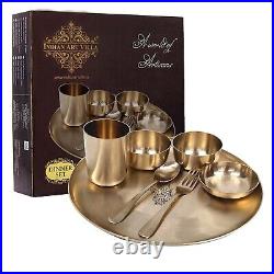 Indian Traditional Pure Brass 7 Pieces Dinner Set Gold Dinnerware