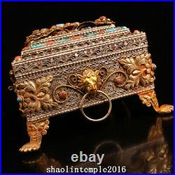 Infrequent China antique Pure copper manual Pinching silk set Gem Relic box