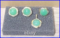 Jade Earring, Pendant, Ring. 14K Yellow Gold Jewelry Set. Green Jade, Diamonds