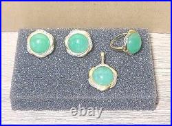 Jade Earring, Pendant, Ring. 14K Yellow Gold Jewelry Set. Green Jade, Diamonds