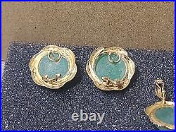 Jade Earring, Pendant, Ring. 14K Yellow Gold Jewelry Set. Green Jade, Diamonds