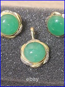 Jade Earring, Pendant, Ring. 14K Yellow Gold Jewelry Set. Green Jade, Diamonds