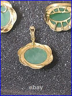 Jade Earring, Pendant, Ring. 14K Yellow Gold Jewelry Set. Green Jade, Diamonds