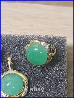 Jade Earring, Pendant, Ring. 14K Yellow Gold Jewelry Set. Green Jade, Diamonds