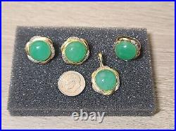 Jade Earring, Pendant, Ring. 14K Yellow Gold Jewelry Set. Green Jade, Diamonds