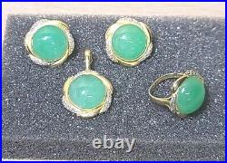 Jade Earring, Pendant, Ring. 14K Yellow Gold Jewelry Set. Green Jade, Diamonds