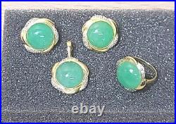 Jade Earring, Pendant, Ring. 14K Yellow Gold Jewelry Set. Green Jade, Diamonds