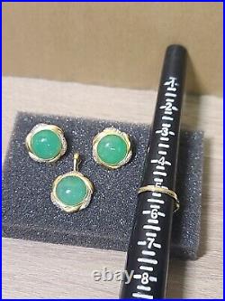 Jade Earring, Pendant, Ring. 14K Yellow Gold Jewelry Set. Green Jade, Diamonds