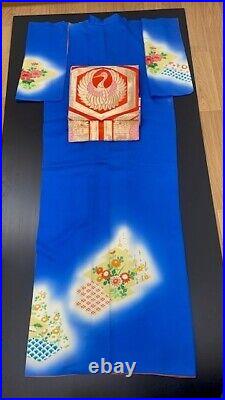 Japanese Kimono Obi Set Pure Silk Cardigan Orange Gold Blue Crane Woman