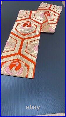 Japanese Kimono Obi Set Pure Silk Cardigan Orange Gold Blue Crane Woman