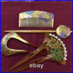 Japanese Vintage Hair Pin Makie Kanzashi pure gold 4-piece set kimono girl Used