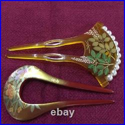 Japanese Vintage Hair Pin Makie Kanzashi pure gold 4-piece set kimono girl Used