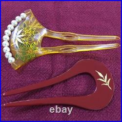 Japanese Vintage Hair Pin Makie Kanzashi pure gold 4-piece set kimono girl Used