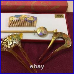 Japanese Vintage Hair Pin Makie Kanzashi pure gold 4-piece set kimono girl Used