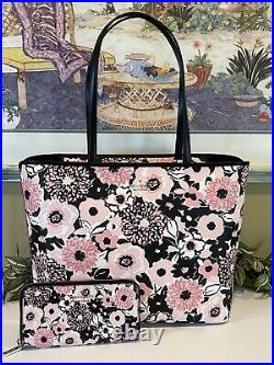 Kate Spade Large Zip Shoulder Tote Bag Pink Black Dahlia Floral Staci Wallet Set