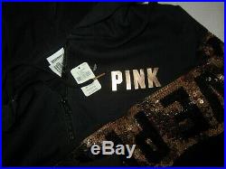 LOT BLING Victoria Secret Pink GOLD Sequin BLACK SWEAT SHIRT HOODIE PANTS SET M